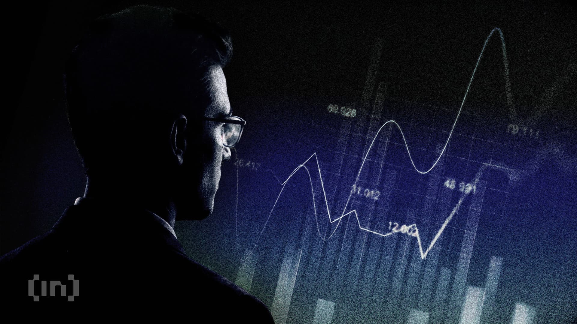 Man in silhouette viewing a glowing crypto price chart on a dark screen
