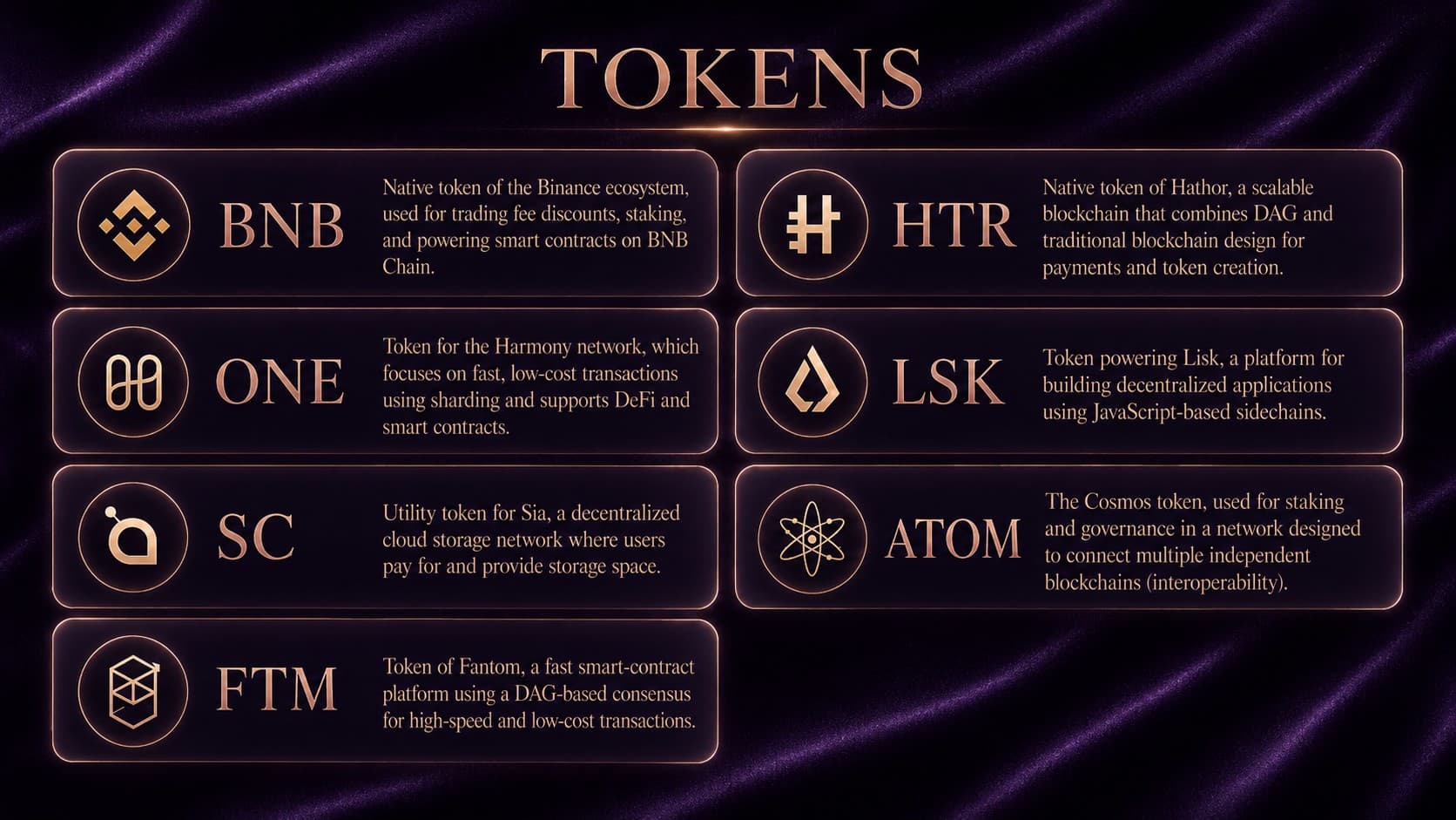 Examples of utility tokens and their use cases: BNB, HTR, ONE, LSK, SC, ATOM, and FTM