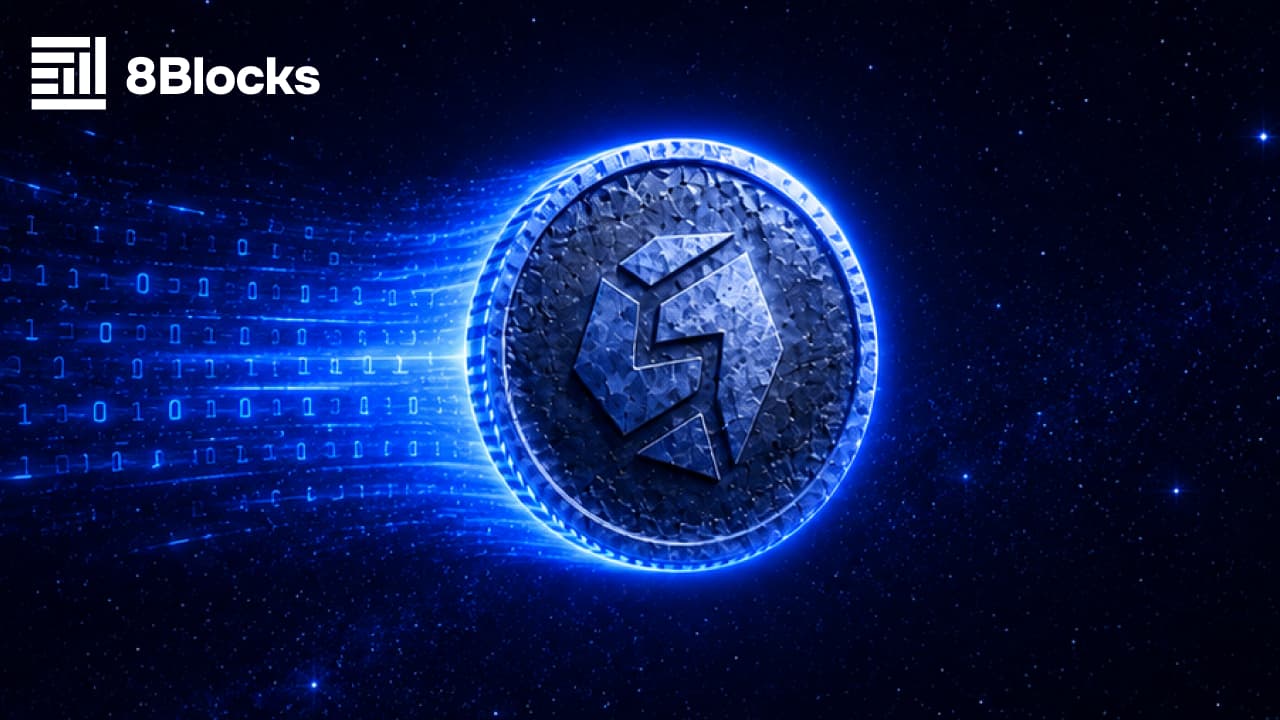 Digital GameFi token with blockchain data stream illustrating token economy design for Web3 gaming projects