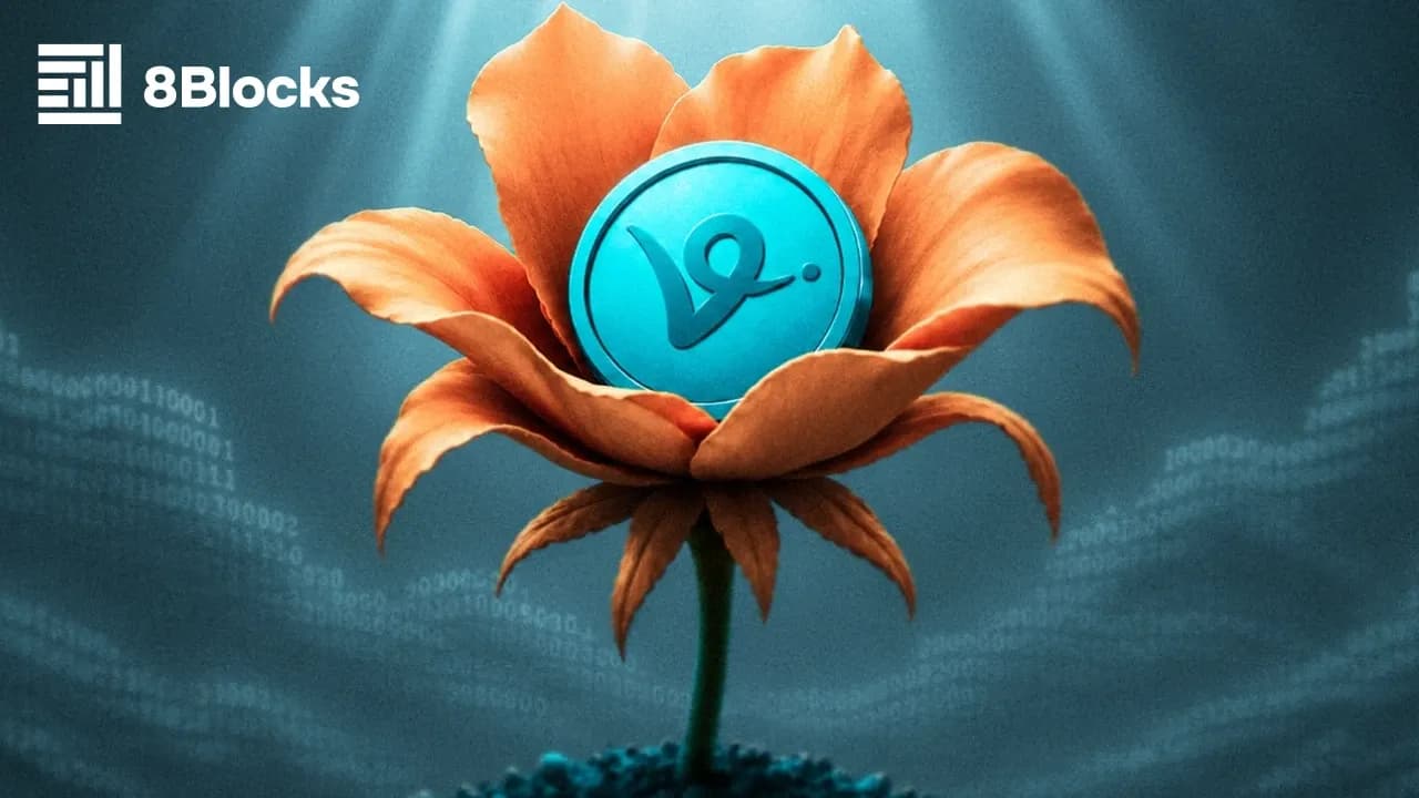 Glowing VIRTUAL token coin at the center of a dark crimson flower