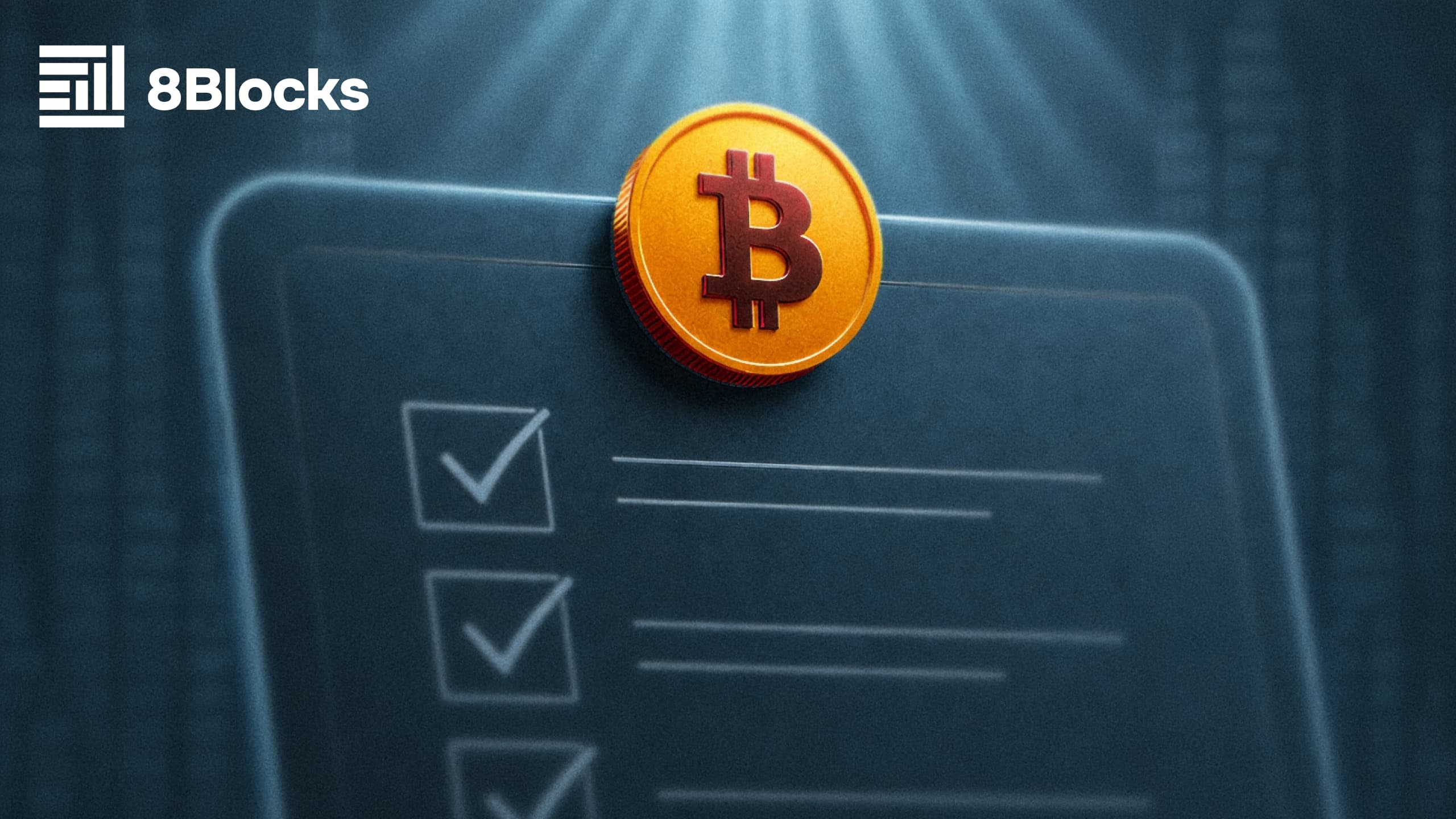 Golden token coin resting on a tablet that displays a glowing tokenomics checklist