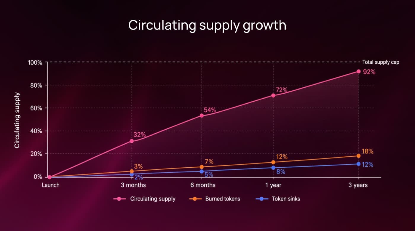Circulating supply growth chart comparing circulating supply, burned tokens, and token sinks from launch to three years