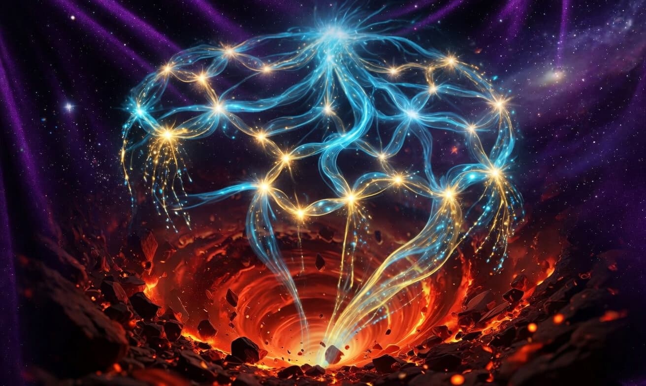 hero background Cosmic illustration of a glowing token network suspended above a fiery vortex, representing the risk and reward of a DEX listing