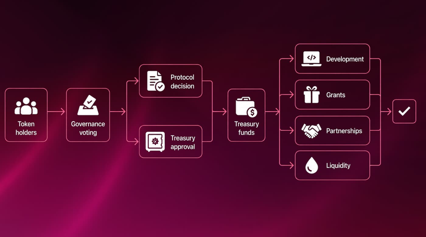 Governance and treasury flow from token-holder voting through treasury funds to development, grants, partnerships, and liquidity