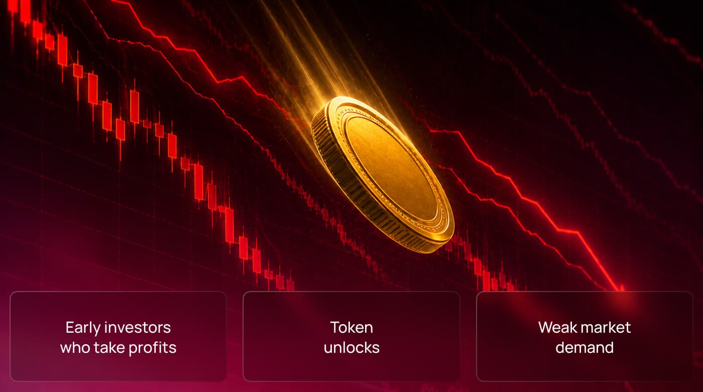 Golden coin falling against a crashing red price chart, with three causes of post-listing decline: early investor profit-taking, token unlocks, weak market demand
