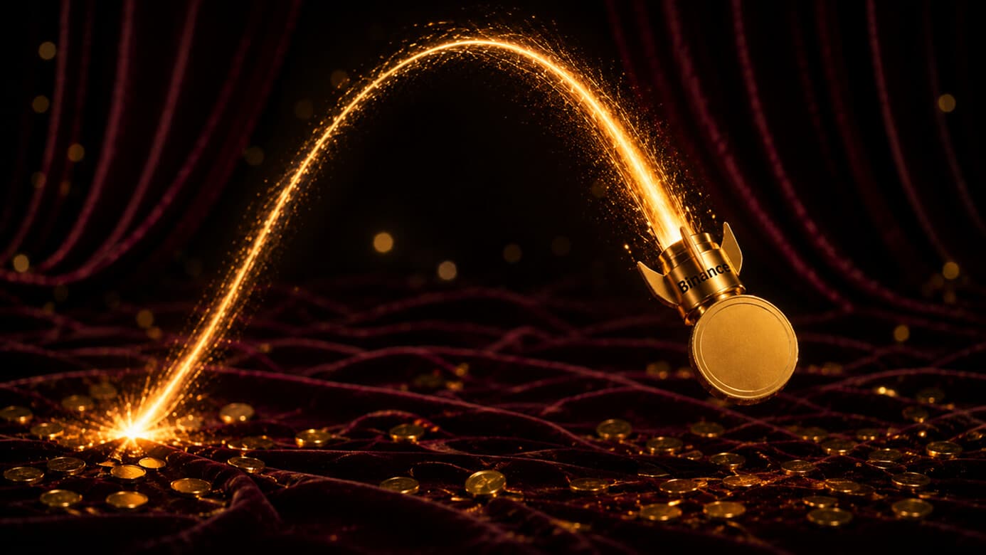 Golden coin labeled Binance arcing like a fireworks rocket before crashing down, symbolizing token price collapse after listing
