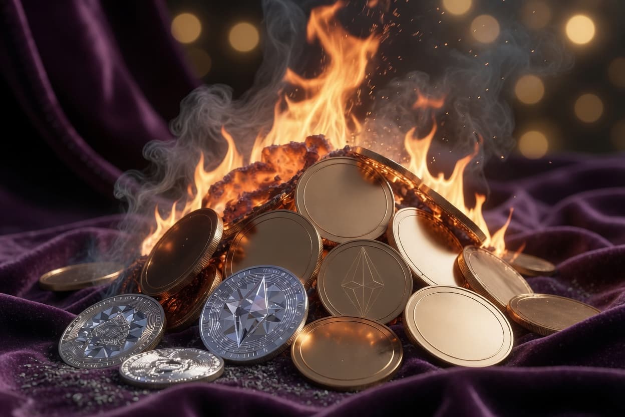 Pile of crypto coins burning in flames, representing token burning as a deflationary mechanism