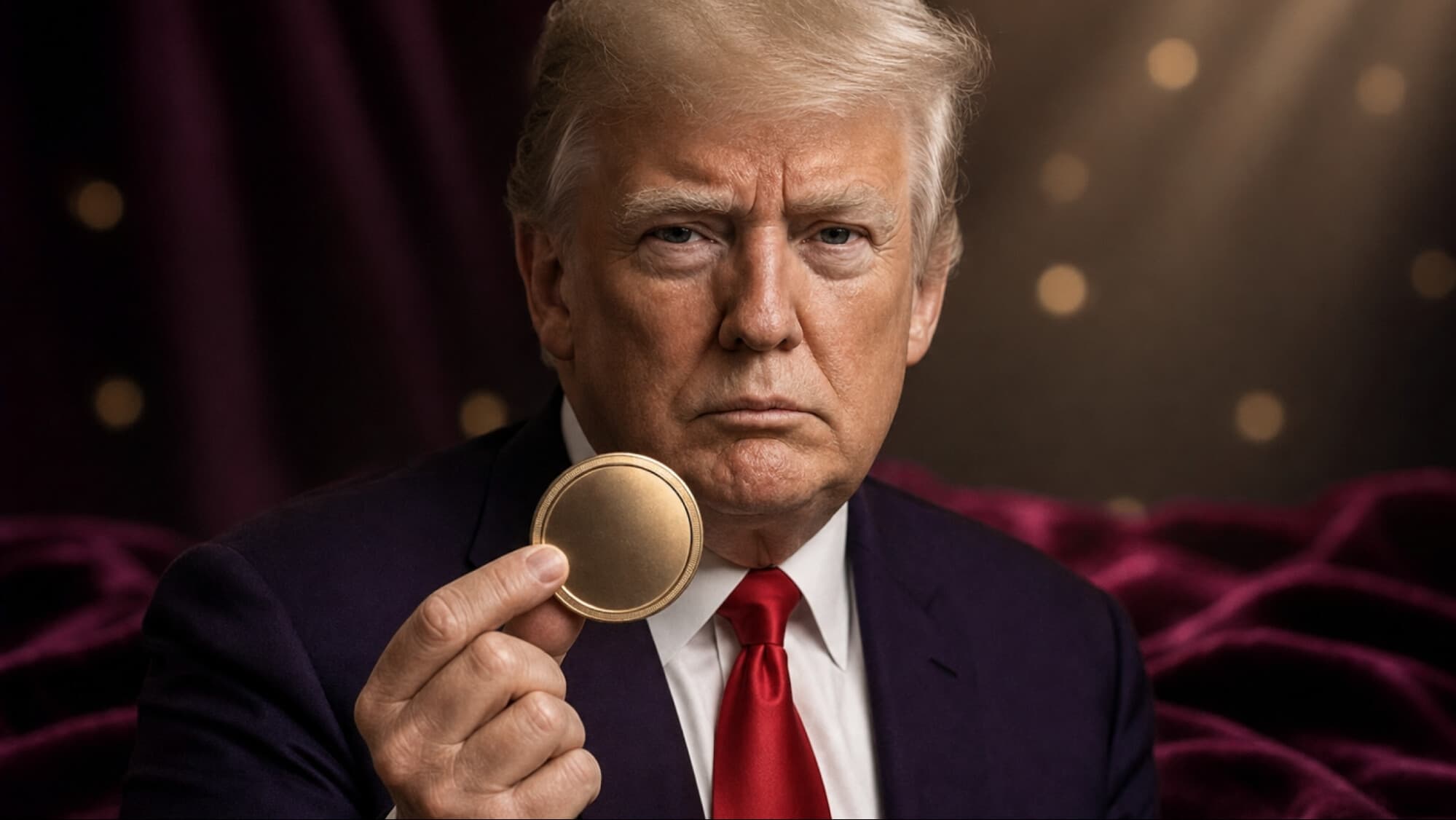 Donald Trump in a dark suit holding a blank gold coin, evoking how his China tariff announcement helped trigger the October 2025 crypto crash.