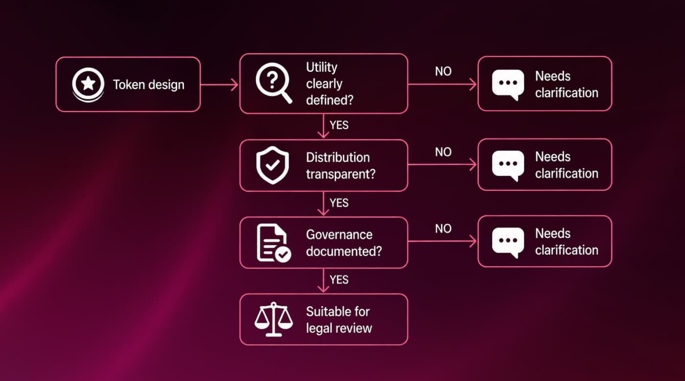 Legal readiness decision flow that checks token utility, distribution, and governance before external legal review