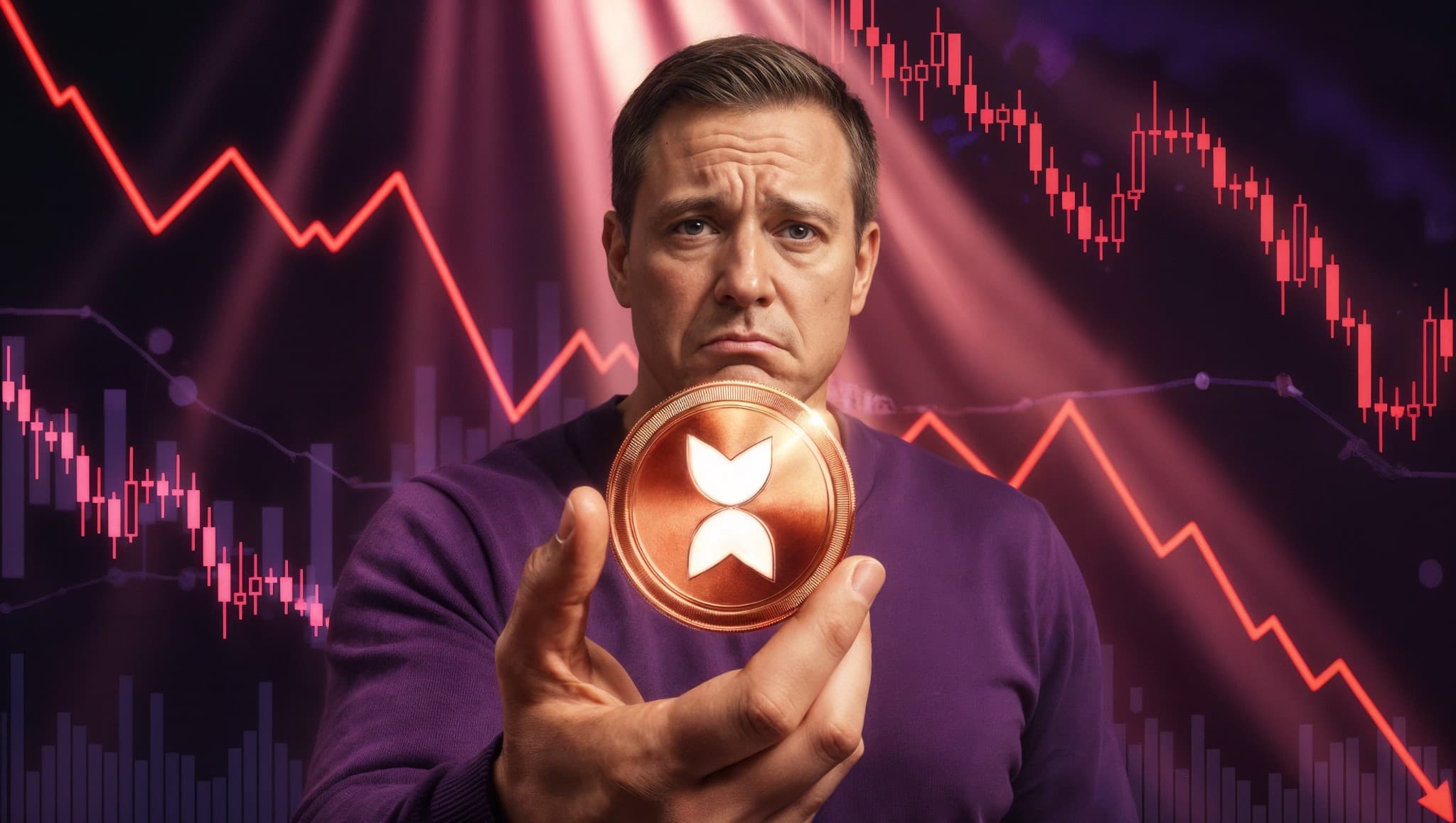 Disappointed investor holding a copper personal token coin against a red downward crypto chart, symbolizing the 2026 celebrity token collapse