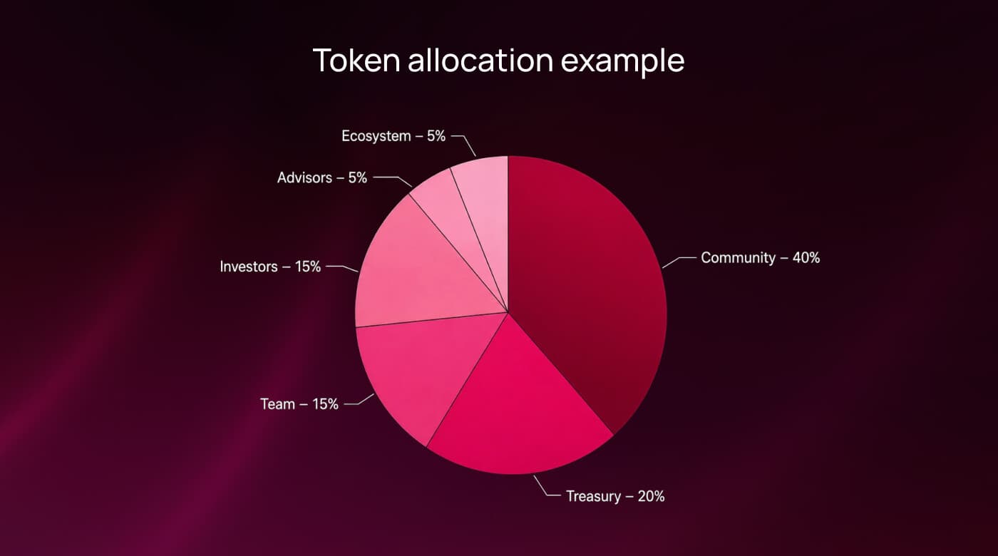 Example token allocation split across community, treasury, team, investors, advisors, and ecosystem