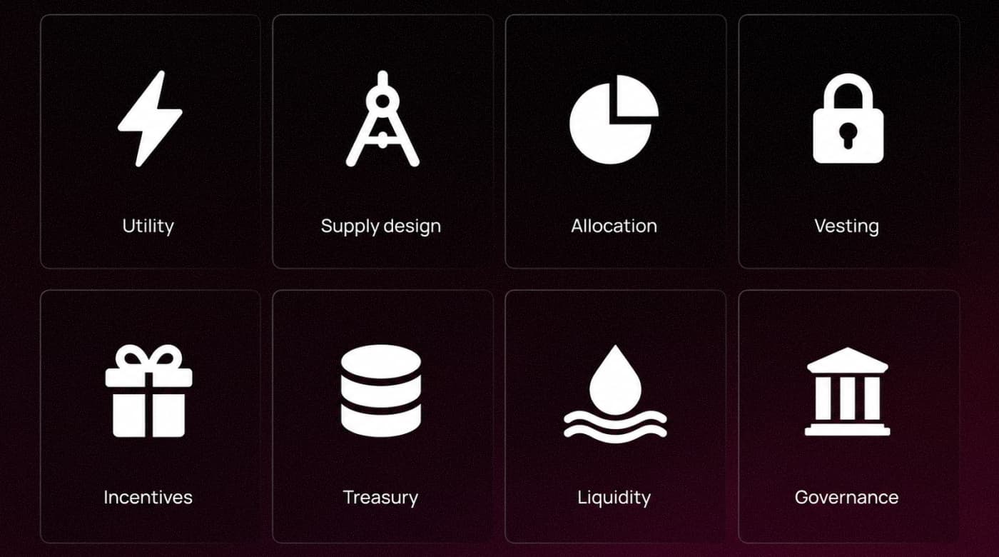 Eight components 8Blocks checks in a tokenomics audit: utility, supply design, allocation, vesting, incentives, treasury, liquidity and governance