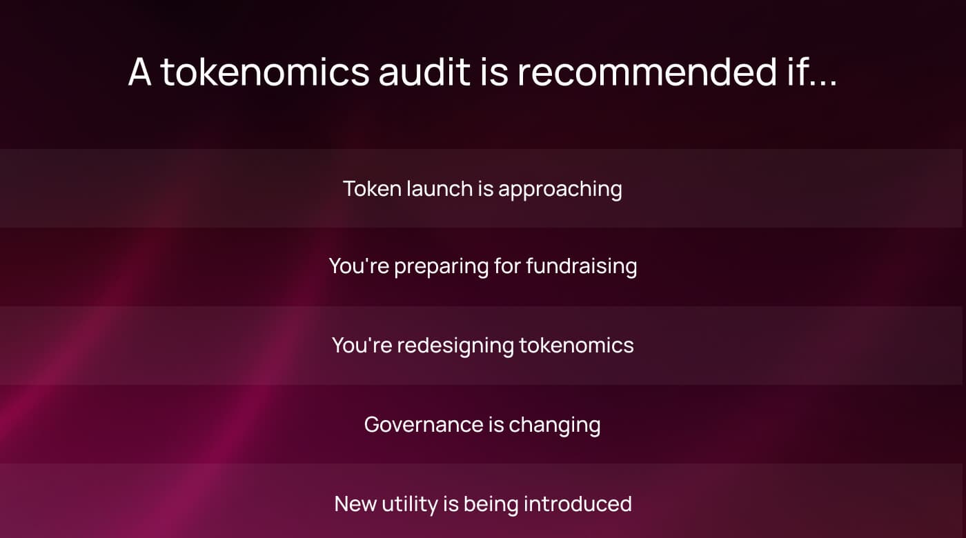 When a tokenomics audit is recommended: token launch, fundraising, tokenomics redesign, governance change, or new utility
