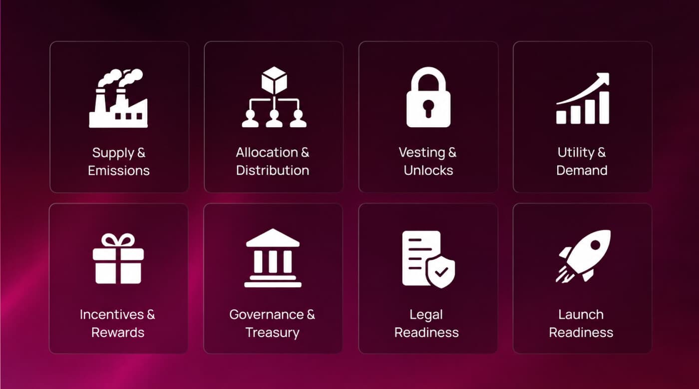 The eight categories of a tokenomics audit checklist: supply and emissions, allocation and distribution, vesting and unlocks, utility and demand, incentives and rewards, governance and treasury, legal readiness, and launch readiness