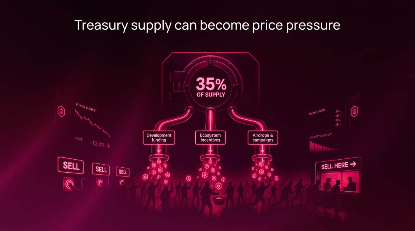 Diagram of the Virtuals treasury holding 35% of supply flowing into development, incentives and campaigns and creating sell pressure